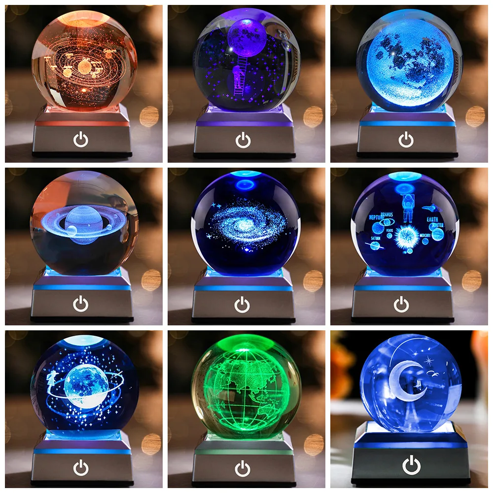 Crystal Ball Night Lights Glowing Planet Galaxy Astronaut 3D Moon Saturn Solar System Planets Tabletop Decorations Kids Gifts