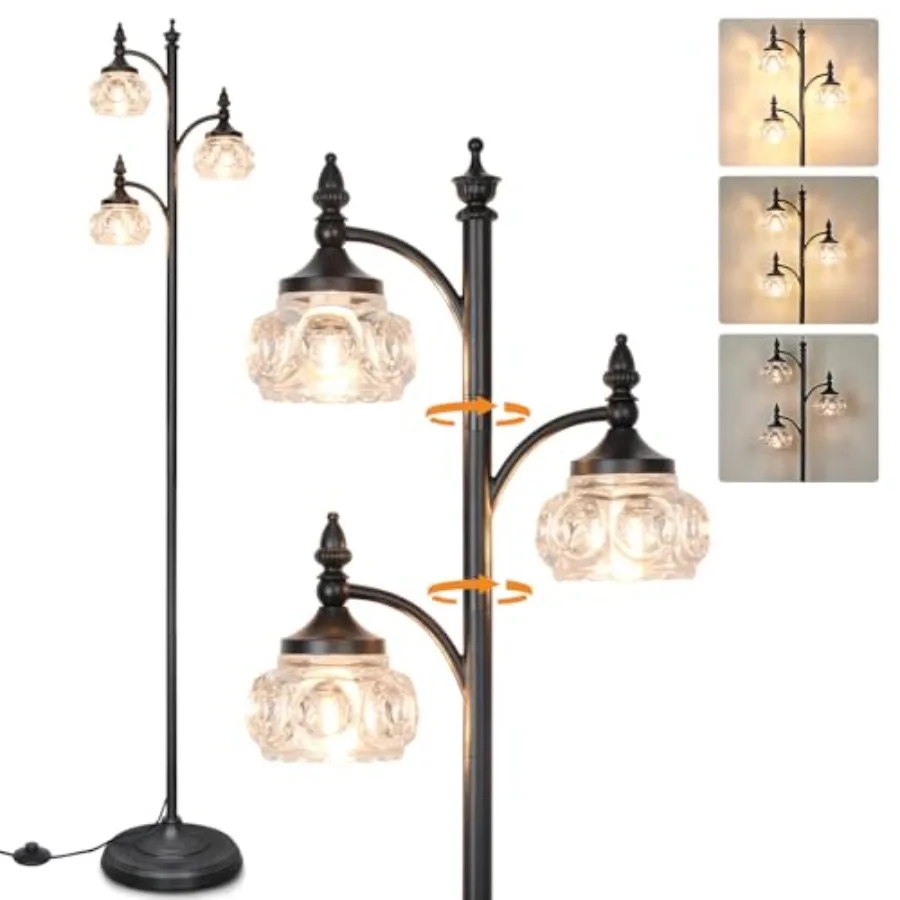 

Черный торшер для гостиной Настольный светильник с регулируемой яркостью Торшеры в виде дерева с 3 вращающимися светильниками Стеклянный абажур 66,5 дюйма Современный