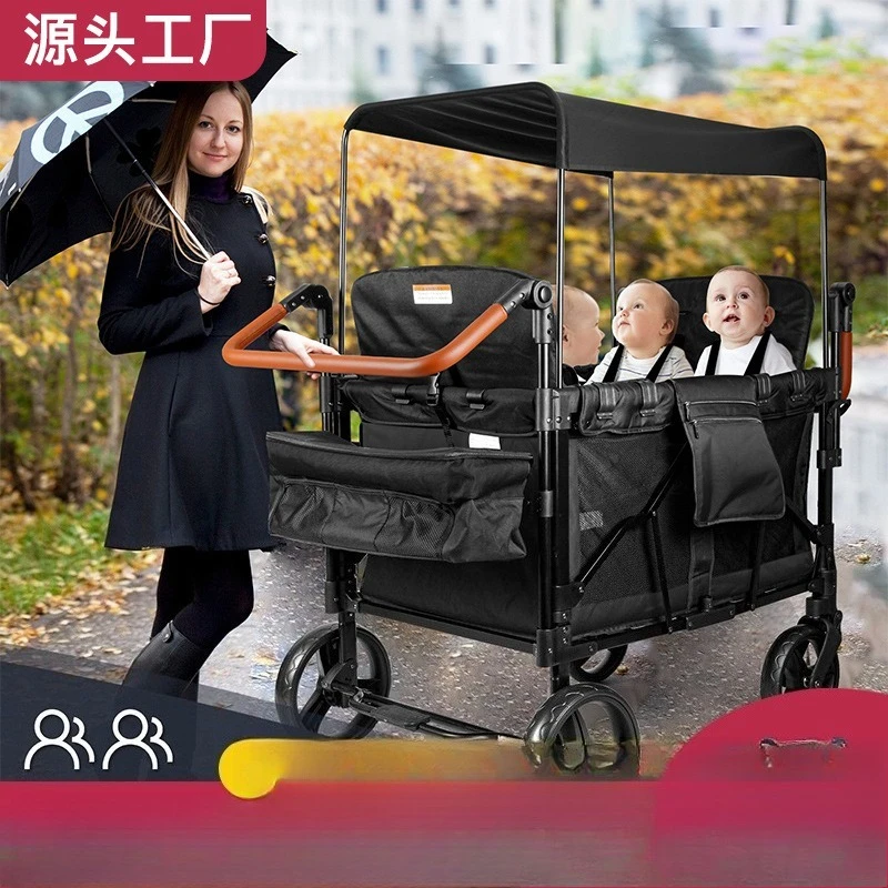 4‑Seat Quadruplet Baby Stroller Wagon Extended Camping Pushchair Sit‑Lie Recliner Design Outdoor Multi‑Children Travel WagonCart