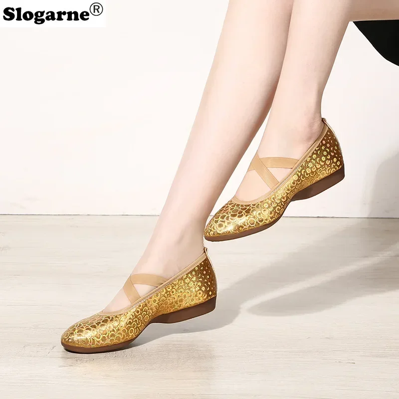 Nowe Złote Srebrne Buty do Tańca Towarzyskiego Damskie Miękka Podeszwa Treningowe Profesjonalne Buty do Tańca Latynoamerykańskiego Jazzu dla Nauczycieli Obcas 2cm Trampki