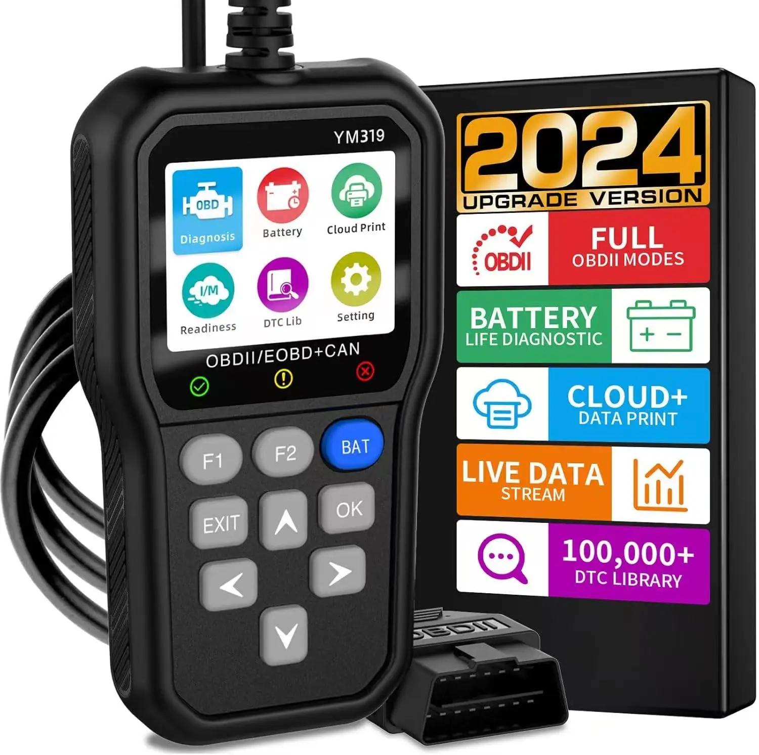 OBD2 Scanner & Battery Tester, IPS Screen Code Reader, Clear CAN Faults, Check Engine, Battery Voltage/Life for OBDII Cars