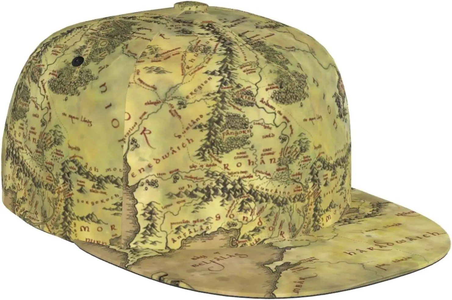 Middle Earth Map Pattern Flat Bill Hat, Unisex Snapback Baseball Cap Hip Hop Style Flat Visor Blank Adjustable Black