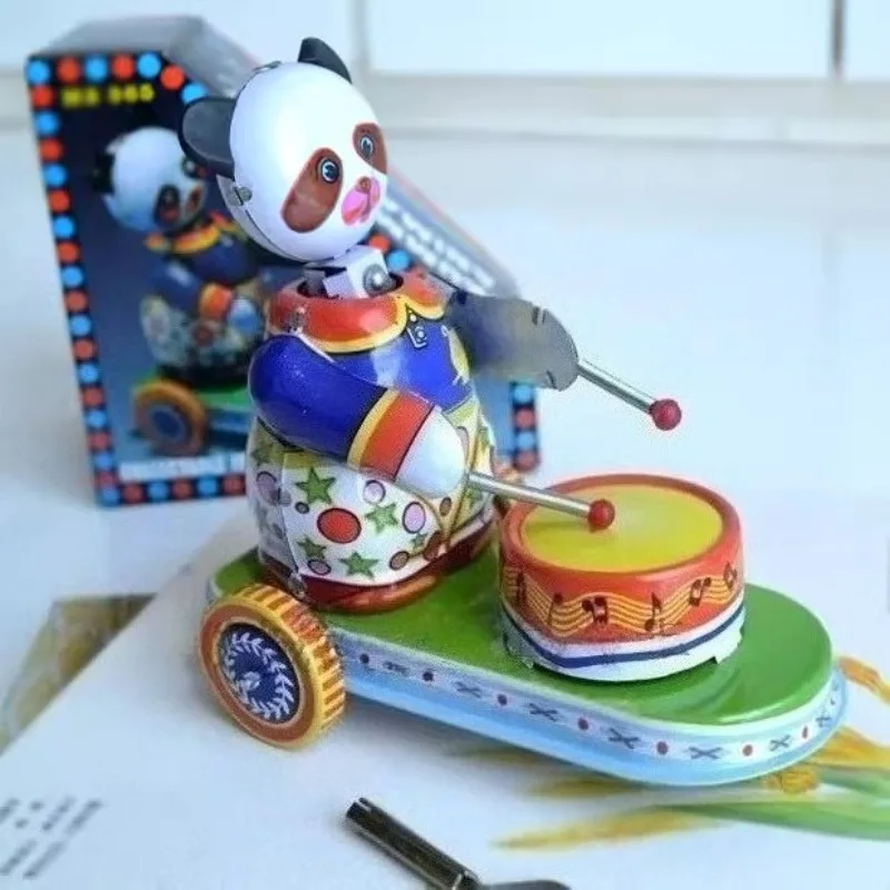 

Drumming Animal Panda Car Mechanical Toys Funny Collection Retro Wind Up Toy Metal Tin Clockwork Toy Figure Model Kids Gift