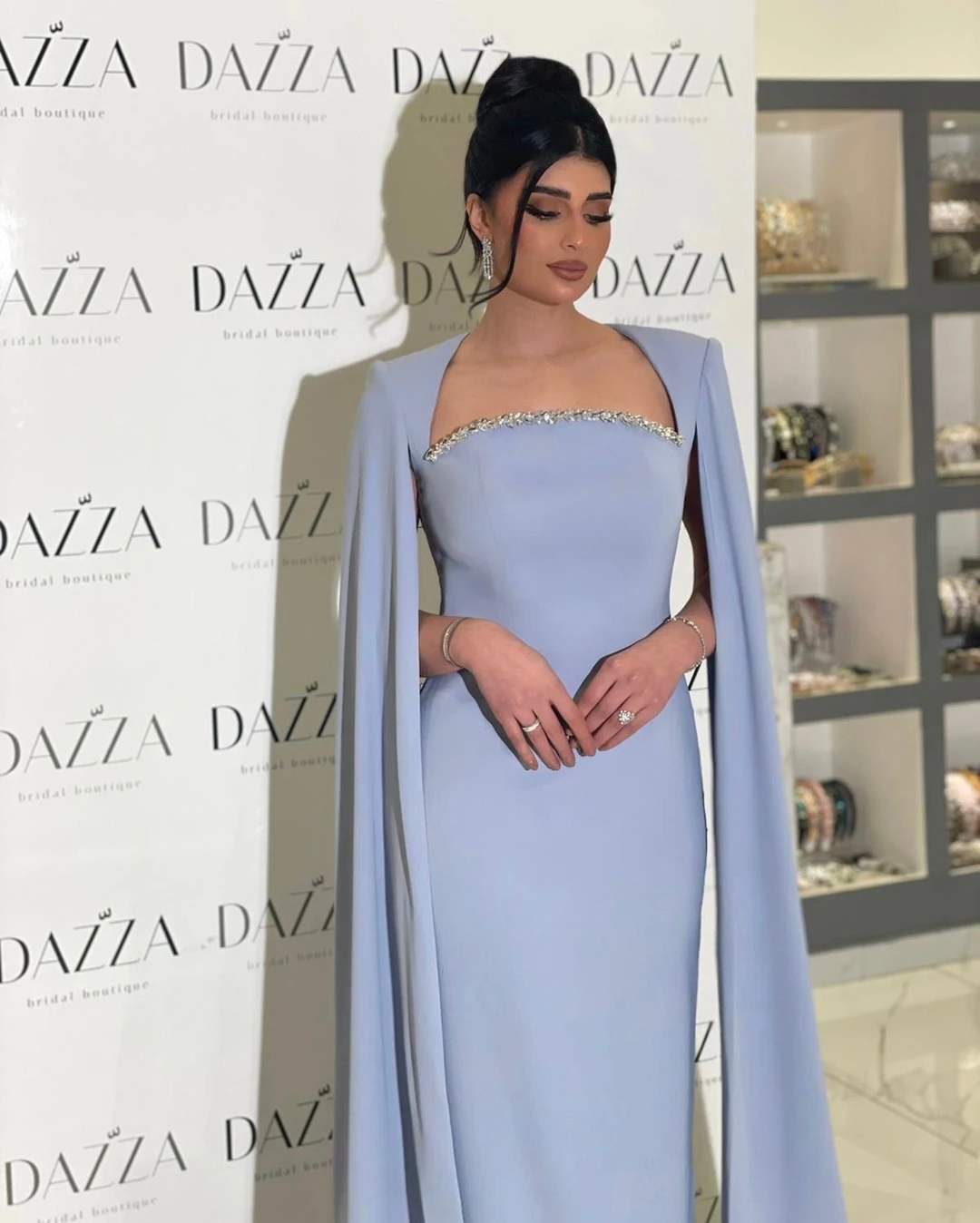 Sharon Said Elegant Pink Square Neck Crystal Evening Dresses with Cape Sleeves Dubai Women Wedding Party Gowns SF486 Customized