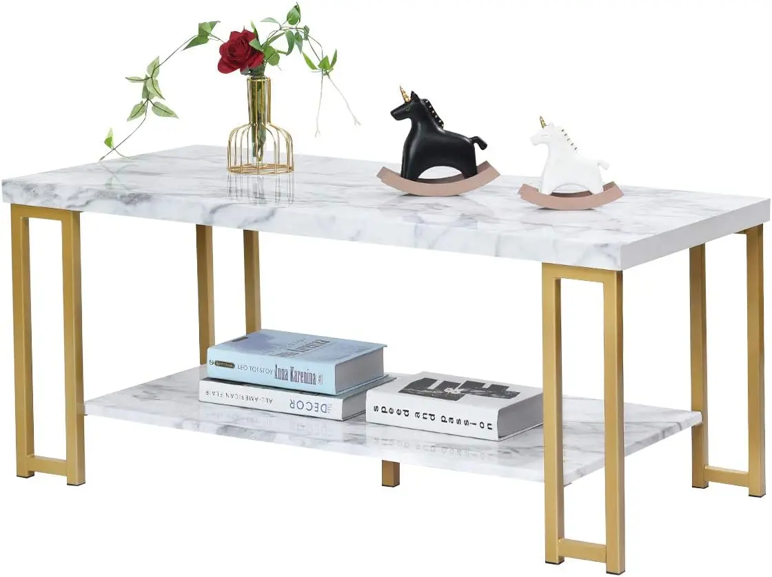 

2-Tier White Marble Coffee Table, Rectangular Faux Marble Coffee Table with Shelf, Sturdy Gold-Finished Metal Frame, Modern Des