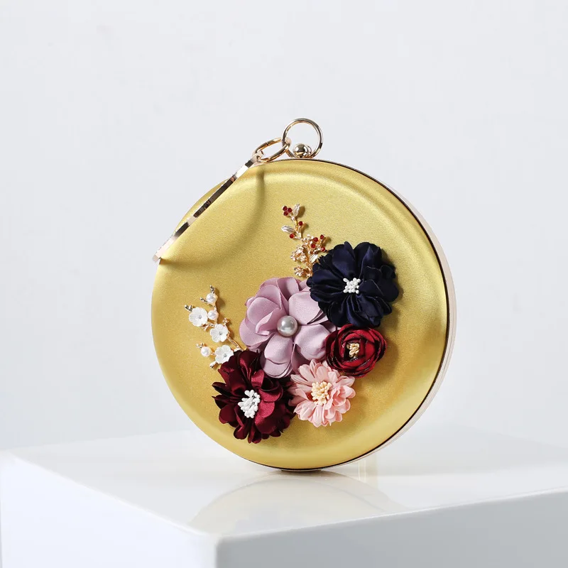 Women’s 3D Floral Round Clutch Purse Hand Bag Handmade Pearl Bridal Wedding Circular handbags Evening Party Wristlets bags