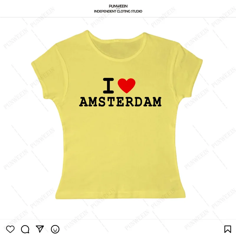 I Love Amsterdam Print Crop tops Women Casual Short Sleeve T-shirt Funny US Streetwear Sexy Baby Tees 2000s Vintage Girls Tops