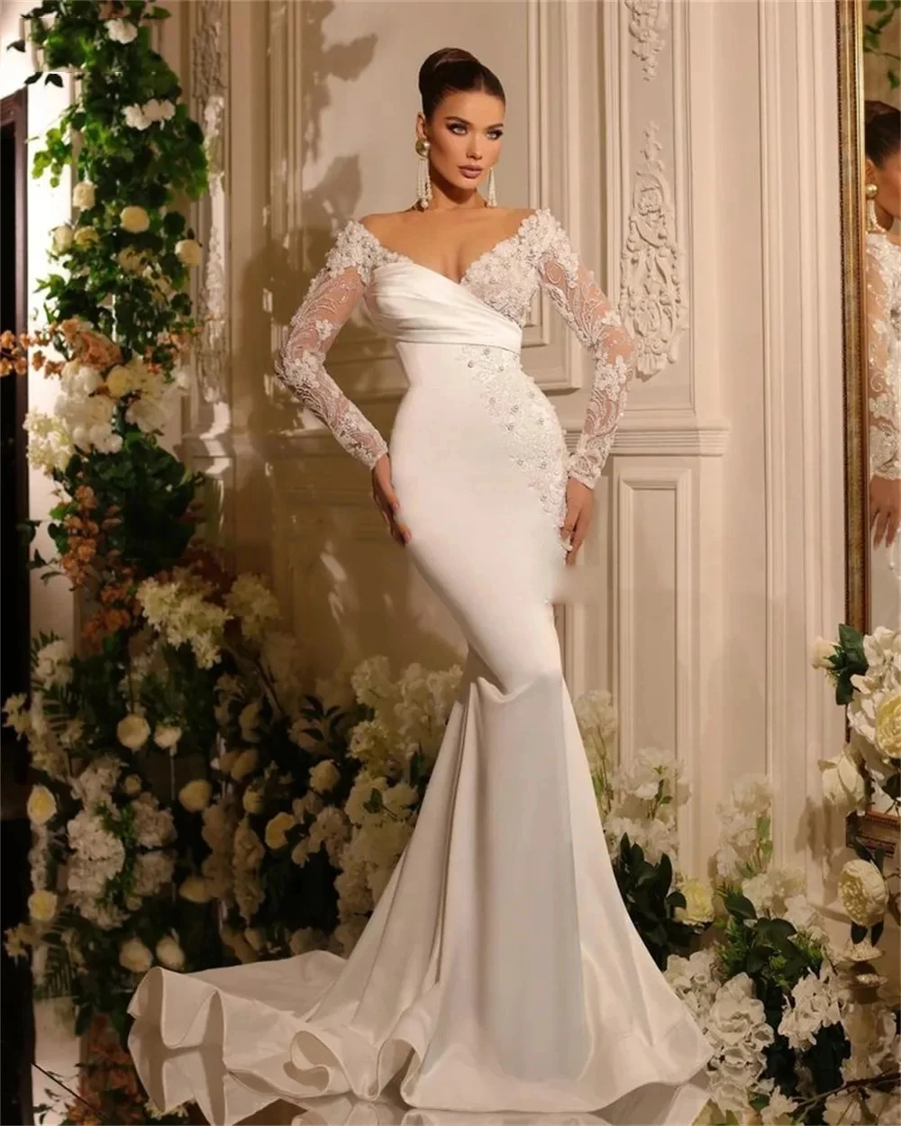 Vestidos De Novia De lujo con tren desmontable, Vestidos De Novia De satén, Apliques De encaje con cuentas, Vestidos De Novia De sirena personalizados 2025