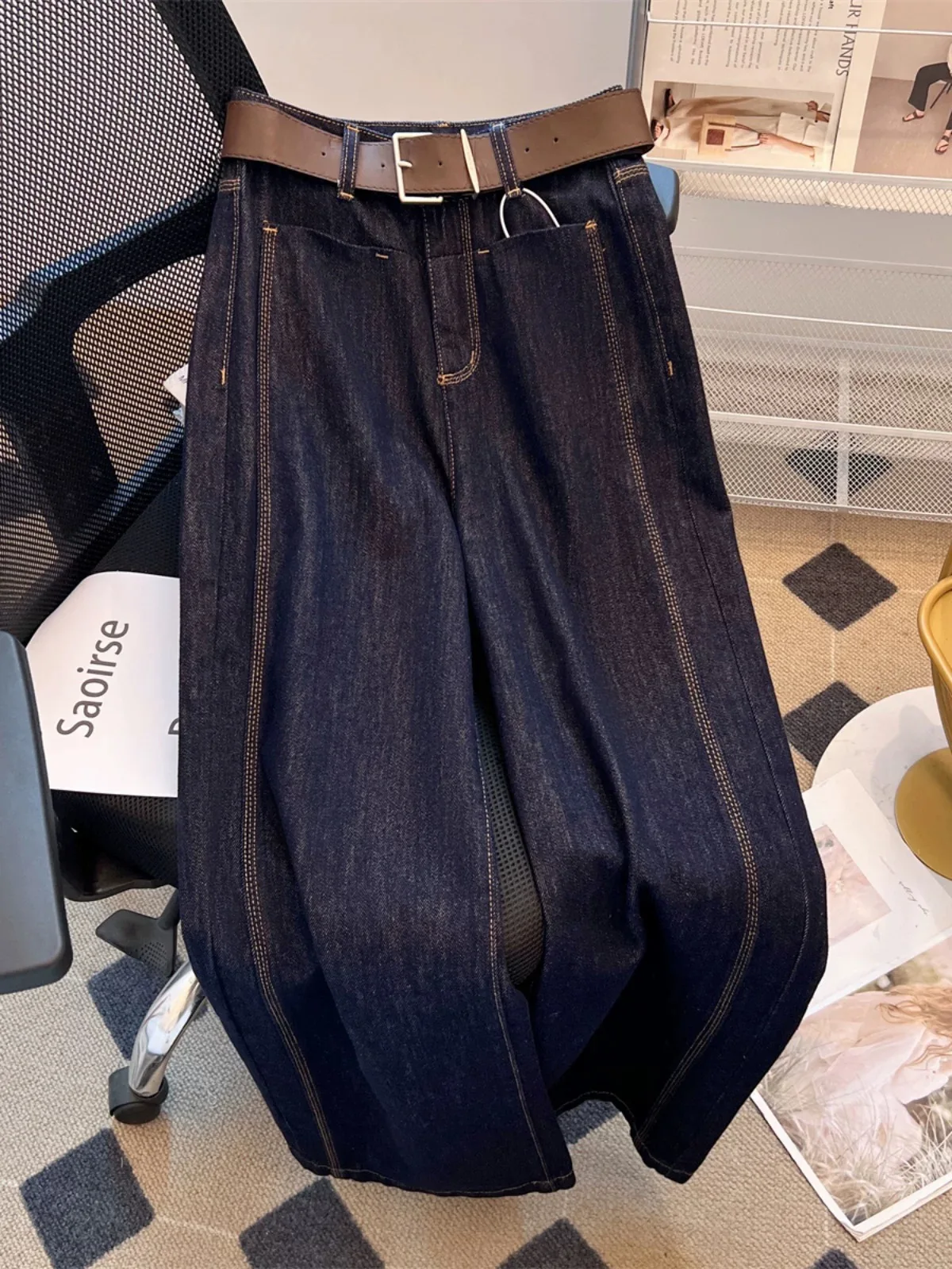 

Retro American Deep Blue Men's Jeans Spring Autumn Loose Wide Leg Pants 3D Tailoring Casual Sle mid Waist Zipper Fly