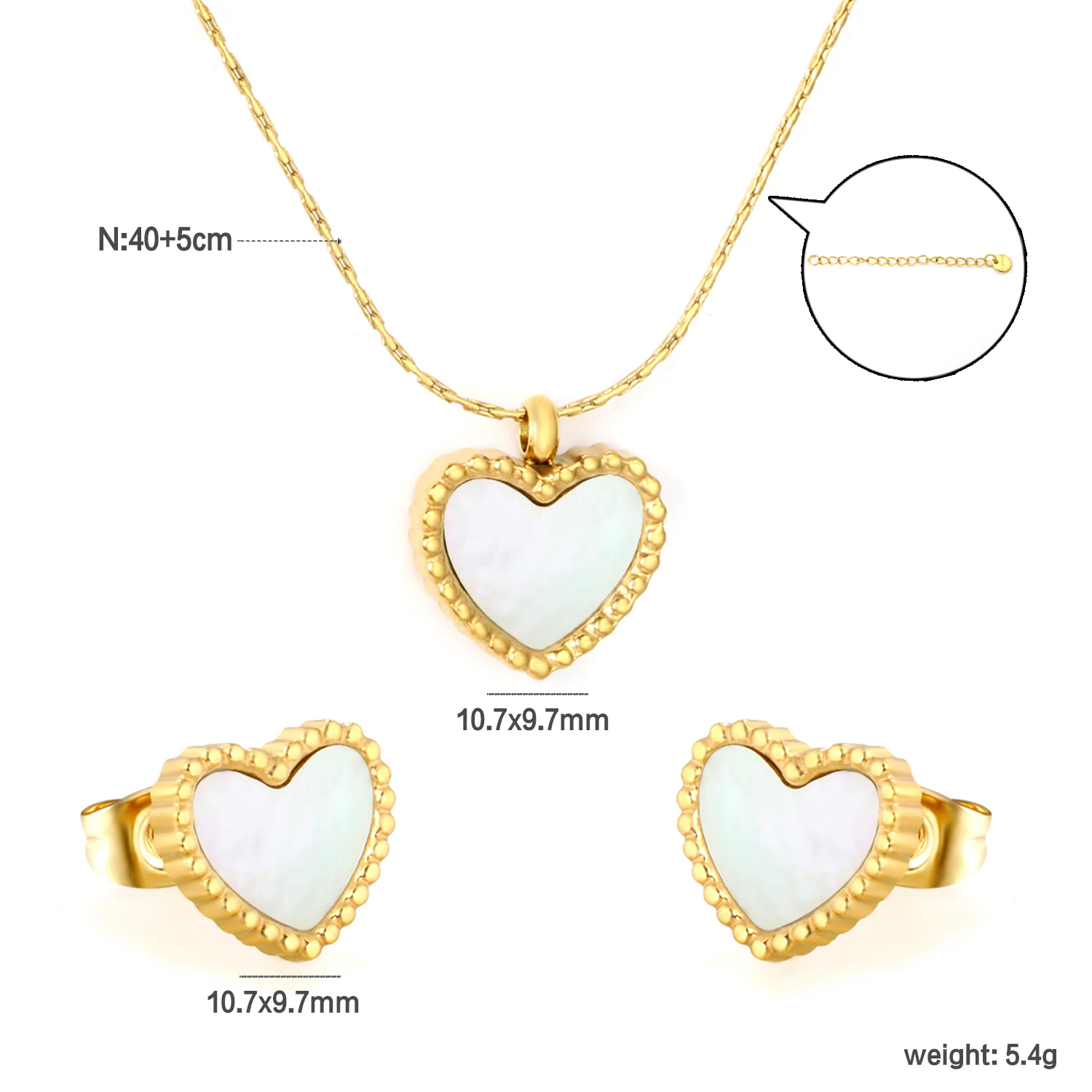 Heart White Shell Stud Earrings & Necklace Set