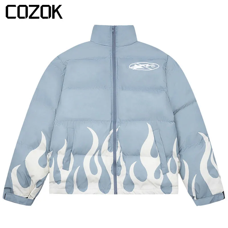 

Vintage Thick Jacket Men Winter Parkas Hip Hop Flame Graphic Print Waterproof Padded Patchwork 2023 Harajuku Puffer Outwear