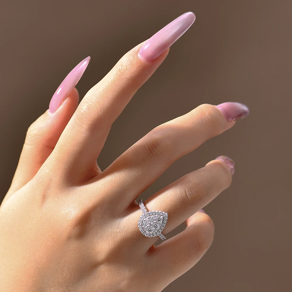 ATTAGEMS Round D VVS1 Moissanite Diamond Pear-Shaped Rings for Women S925 Sterling Silver Engagement Bride Vintage Jewelry Gifts