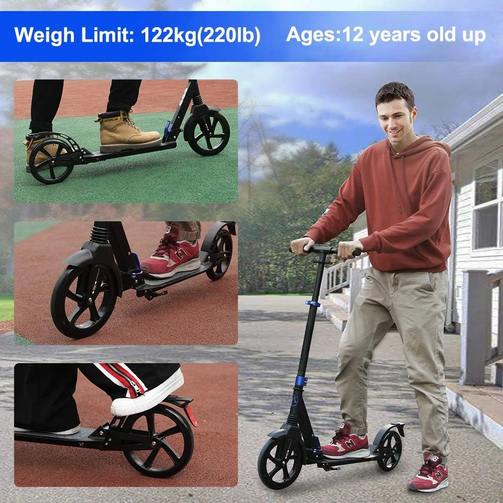 Adult Big Wheel Kick Scooter-230mm Big PU Wheel, 220lb Weight Limit, Wide Reinforced Deck, Height Adjustable with Deluxe Aluminu