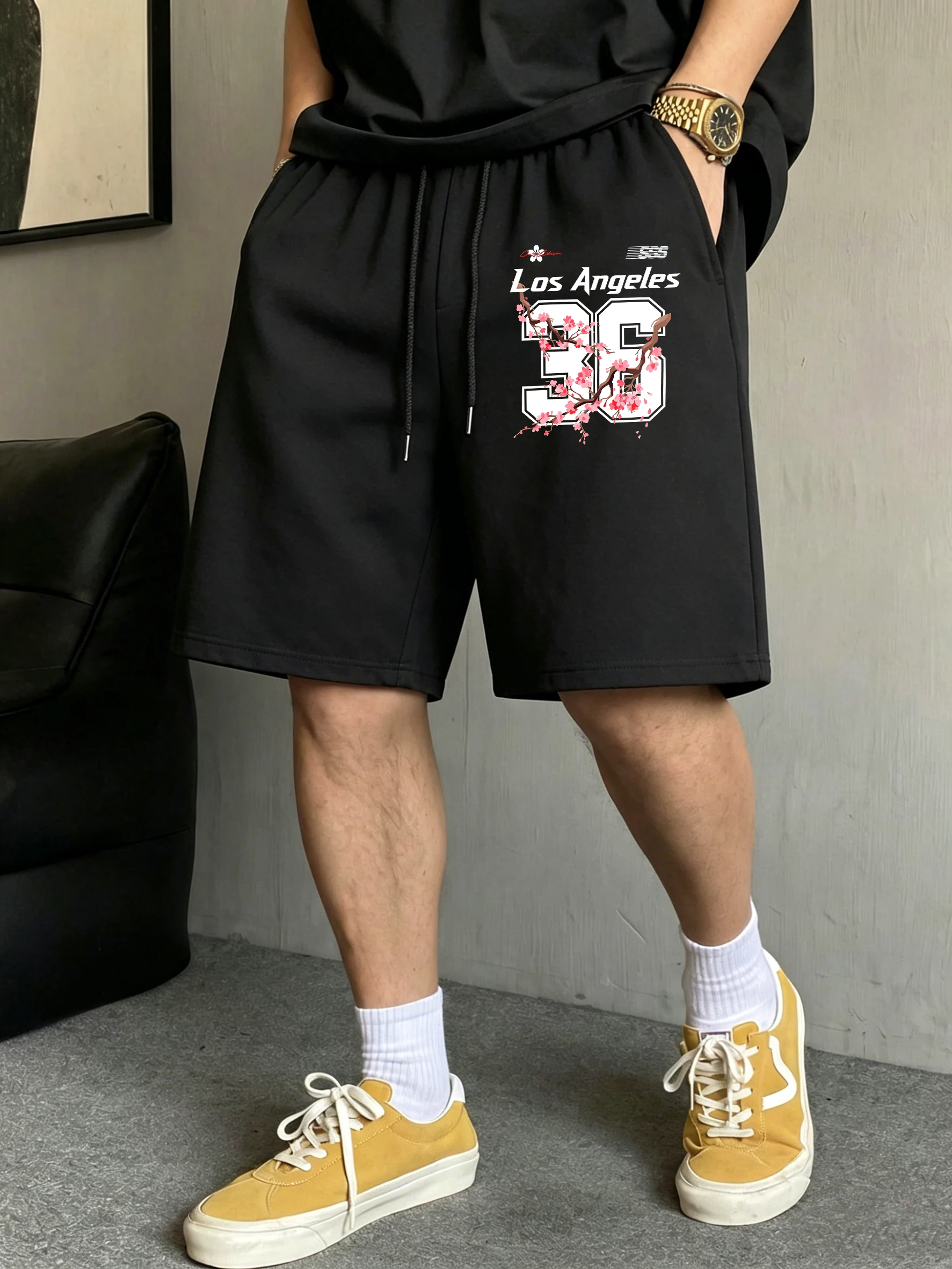 

Los Angeles Sakura 36 Design Sports Pants For Man Summer Pocket Shorts Casual Loose Shortwear Soft Unisex Basics Wide-Leg Bottom