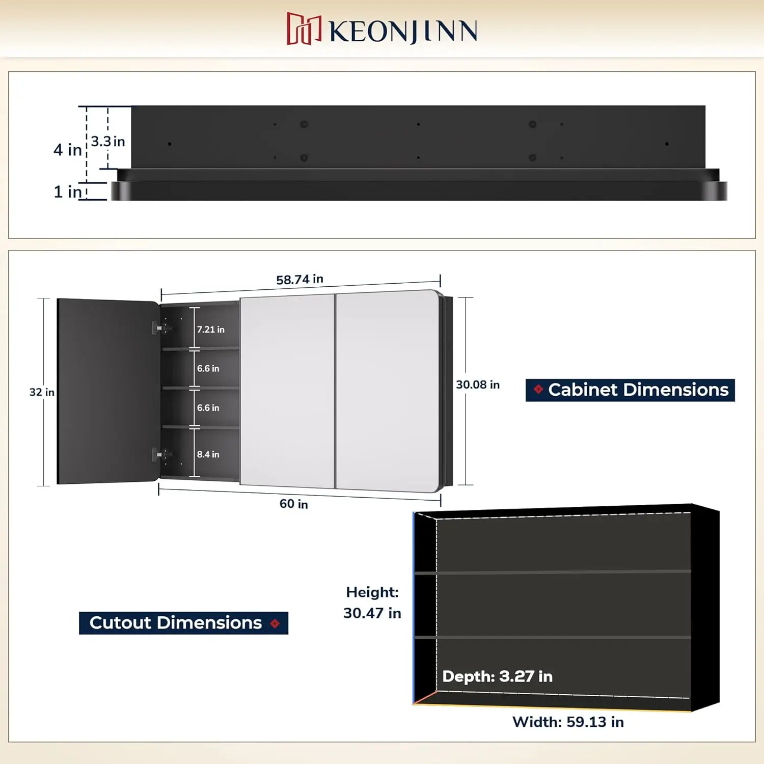 60 x 32 Inch Medicine Cabinets for Bathroom with Mirror Stainless Steel 3 Framed Doors Adjustable Shelves Soft Close Hinge