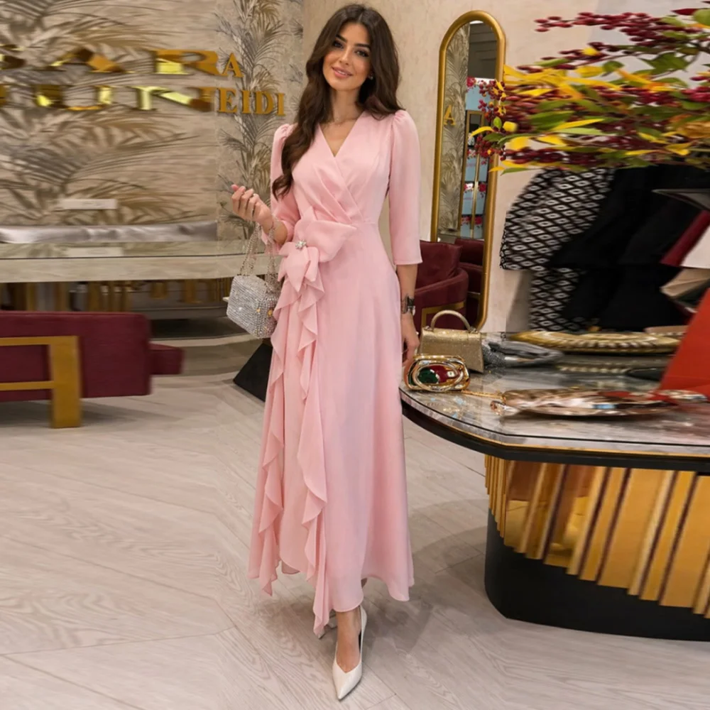 

Customized Pink V Neck Chiffon Evening Dress Three Quarter Sleeve Bow Formal Party Gown