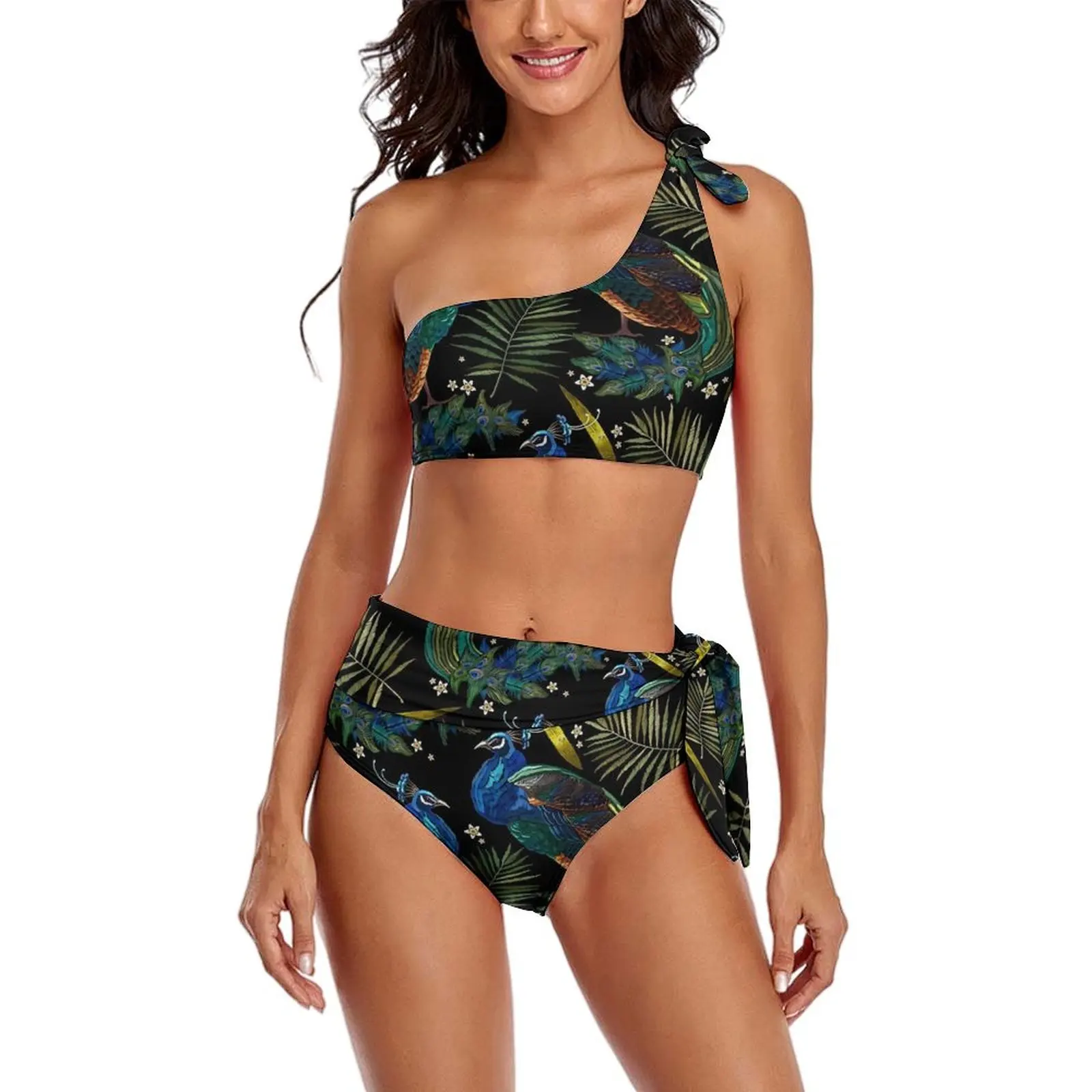 Ensemble Bikini Plumes de Paon, Imprimé Fleurs Poubelle, Maillot de Bain Sexy, Taille Haute, Surf, Tenues de Plage, 2 Pièces