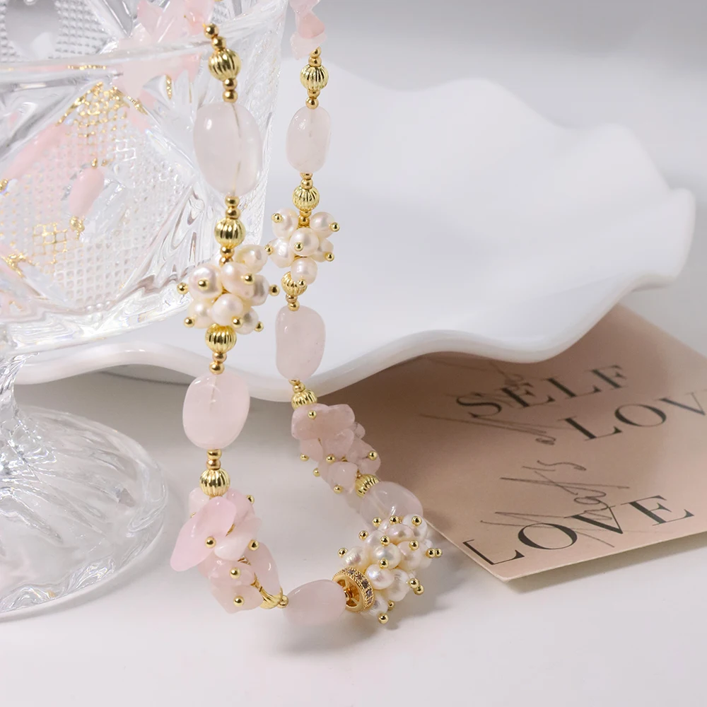 Natural Pink Crystal Pearls Necklaces Retro Palace Style Fashion Jewelry Necklaces Gifts for Mom Wife GirlfriendGN0594