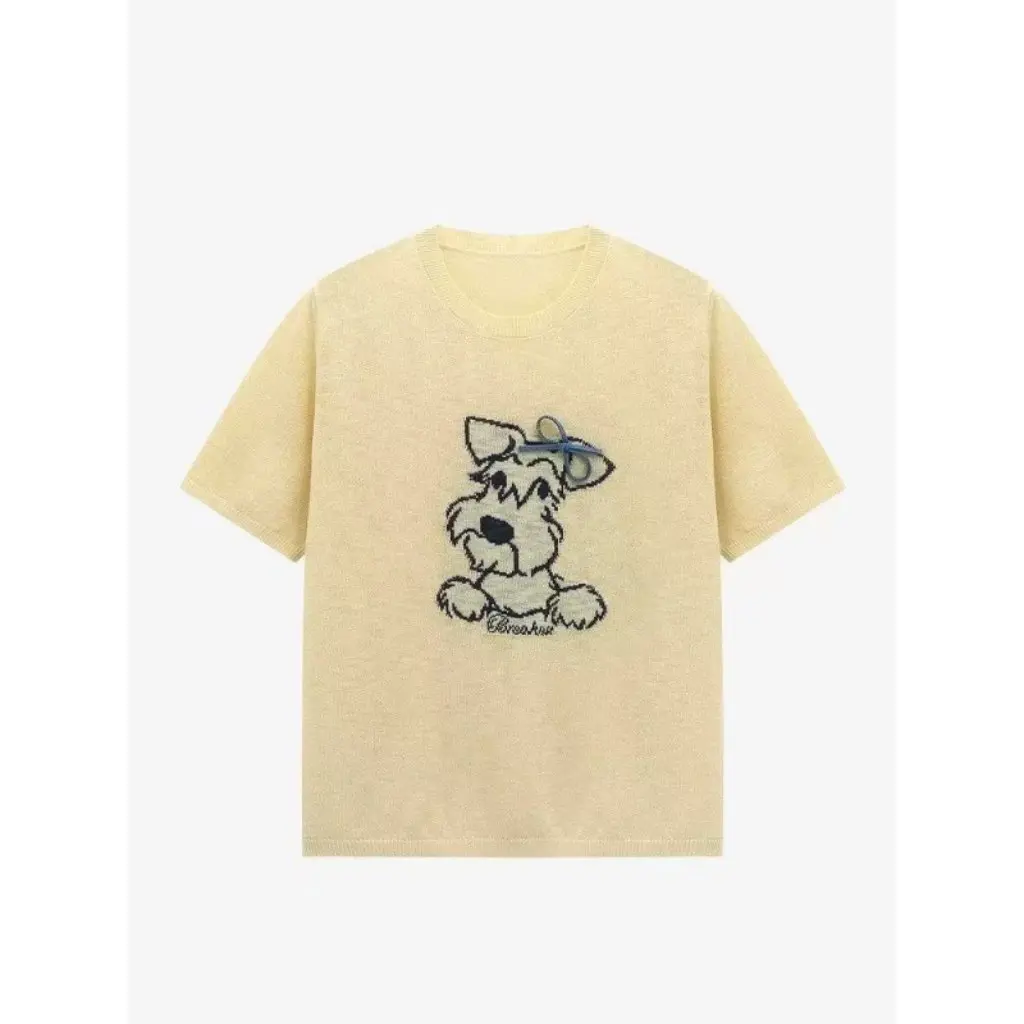 

Women's White Short-Sleeved Knitwear Embroidered Puppy Summer T-Shirt Korean Style Loose Fit Slimming Top