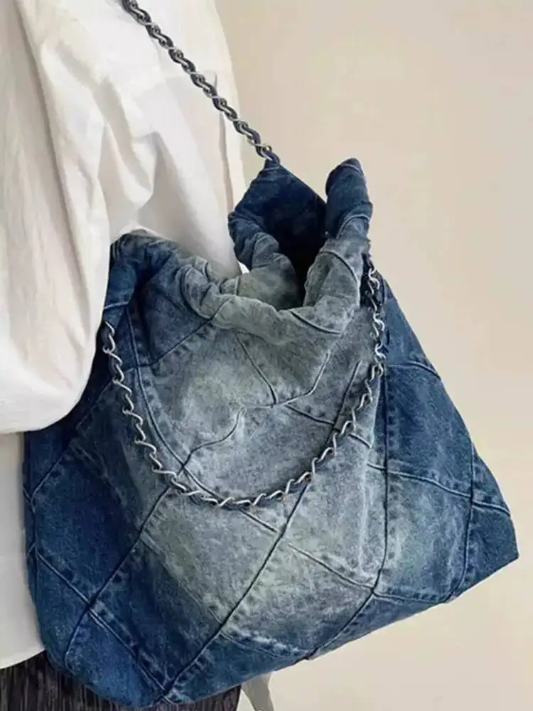 

Bloom Y2k Grunge Denim Tote Women Vintage Casual Large Capacity Handbag Purse Female Retro Haruku Aesthetic Shoulder Bag