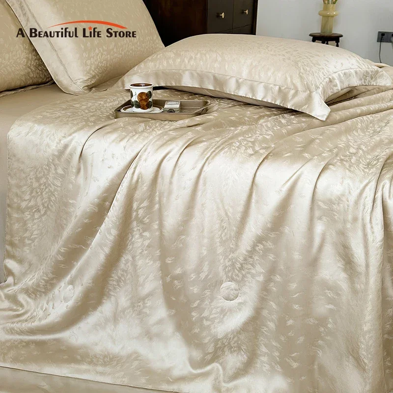1/4Pcs Summer Dual-Sided Natural Lyocell Fabric Skin-Friendly Soft Silky Cool Champagne Jacquard Summer Comforter Blanket