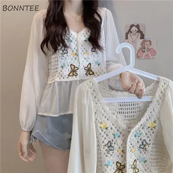 Shirts Women Vintage Embroidery Graceful V-neck Summer New Sun-proof Korean Style Fashion Casual Harajuku Breathable Loose Thin