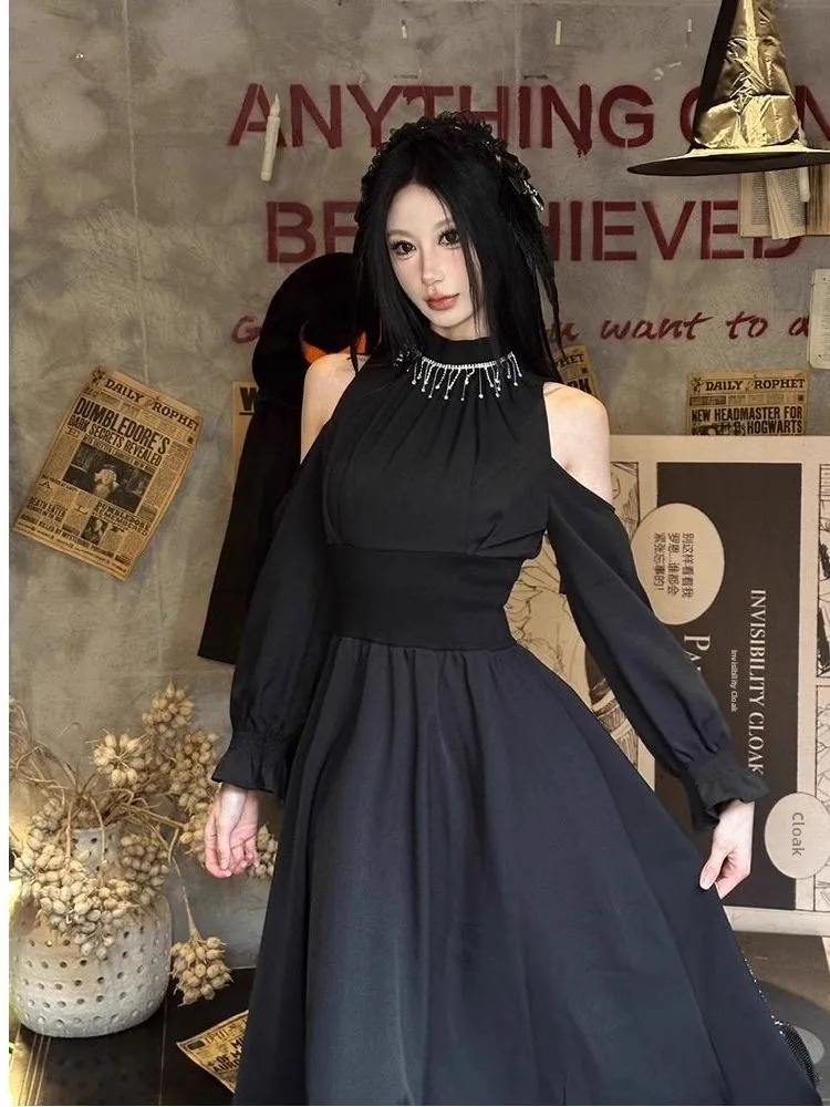 Retro Hepburn Sle Bla Dr Dames Herfst Winter Ele Long Sve High Ne Jurk oulder Bared voor loween