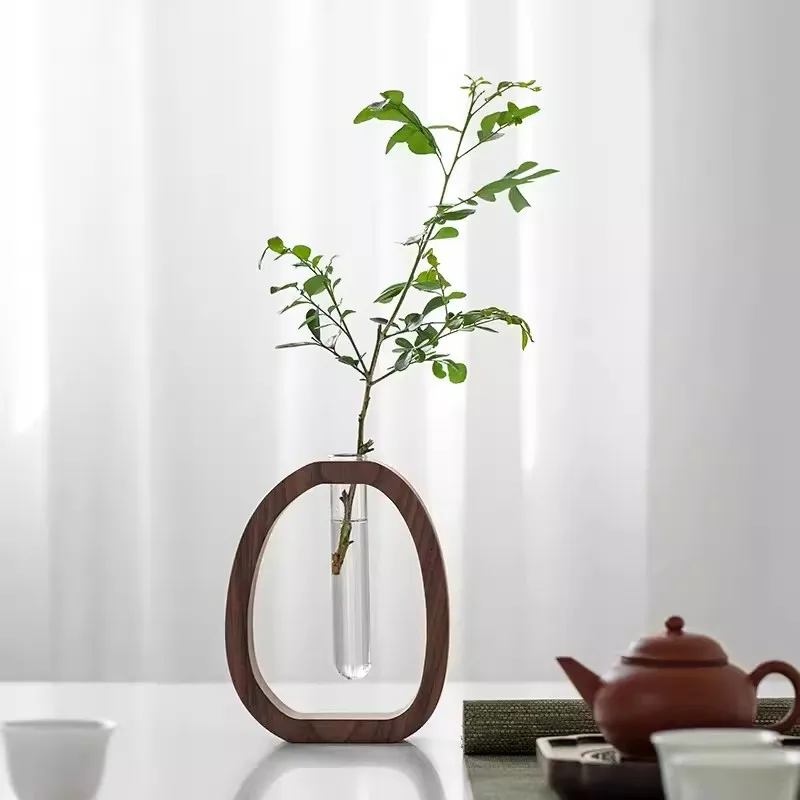 Creative Walnut Solid Wood Vase Flower Arrangement Home Decor Simple Glass Plant Flower Arrangement Mini Water Vase Desktop