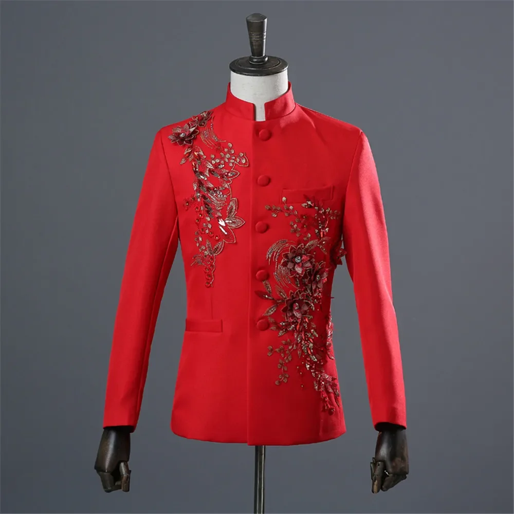 Chinese Tunic Men Mandarin Collar White Black Appliqued Blazer for Wedding Banquet Ceremony