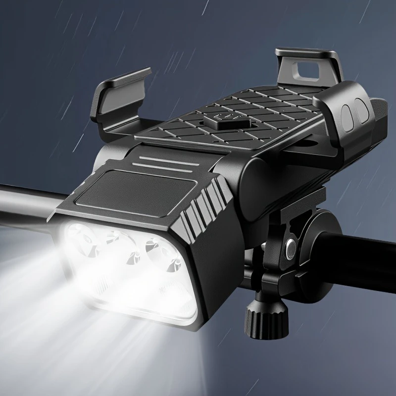 مصباح أمامي للدراجة مع قرن، حامل هاتف من النوع C، ضوء دراجة قابل لإعادة الشحن، أضواء مقود ساطعة، مصباح يدوي لركوب الدراجات مقاوم للماء