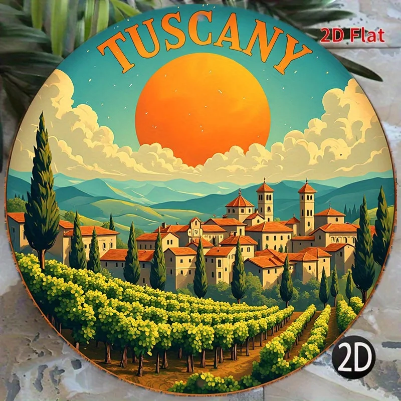 Decoración de Pared Redonda con Paisaje Italiano Toscano de 8 Pulgadas – Letrero Rústico Estilo Granja Vintage con Viñedo, Ciprés y Vino Chianti – Diseño Plano 2D