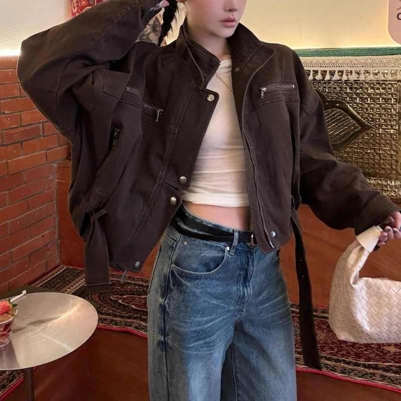 

2025 Autumn New Retro Workwear Style Loose Short Motorcycle Jacket Coffee Color Versatile Jacket for Women