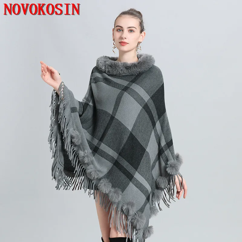 

2022 New Fur Ball Triangle Thick Poncho Shawl Autumn Tassel Long Coat Women Cape Loose Knitted Striped Pullovers Out Streetwear