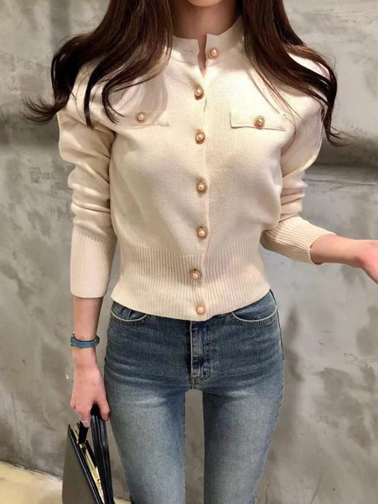 Zoki New  Women Cardigan Sweater Fashion Spring Knitted Long Sleeve Short Coat Chic Korean Slim Button Ladies Soft Tops