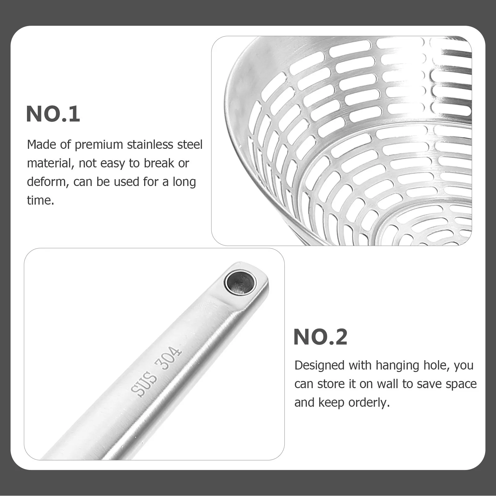 

Stainless Steel Skimmer Spoon Oil Kitchen Colander Frying Food Filter Heavy Duty Leak Holes Wall Hanging Space Saving