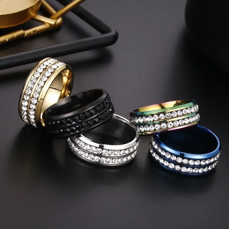 Trendy 8mm Double Row Black Rhinestone Ring For Men Women Fashion Rainbow Stainless Steel Ring Weddig Band Jewelry Drop Shipping