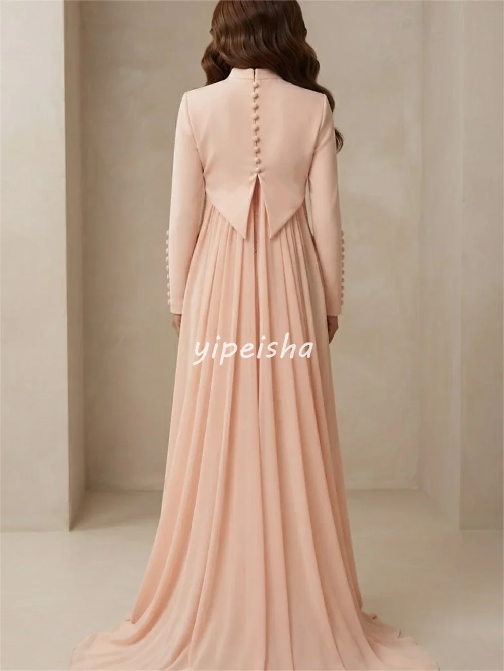 Customized Elegant Women Jersey Beading Button Straight Evening Dresses Formal Square Neck Long Sleeves Floor Lenght Party Gowns