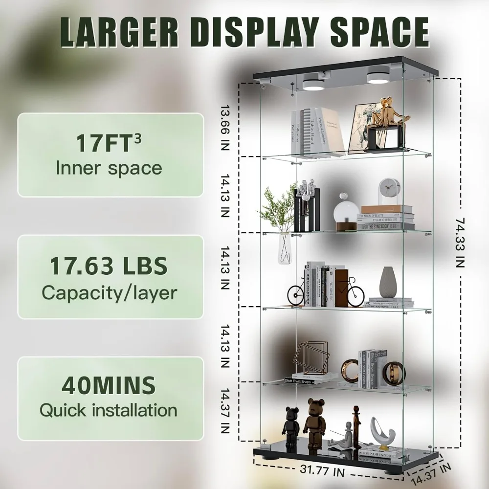 5-Shelf Glass Display Cabinet with 2 LED Lights，2 Door Display Case with 5mm Tempered Glass，Floor Standing Bookshelf