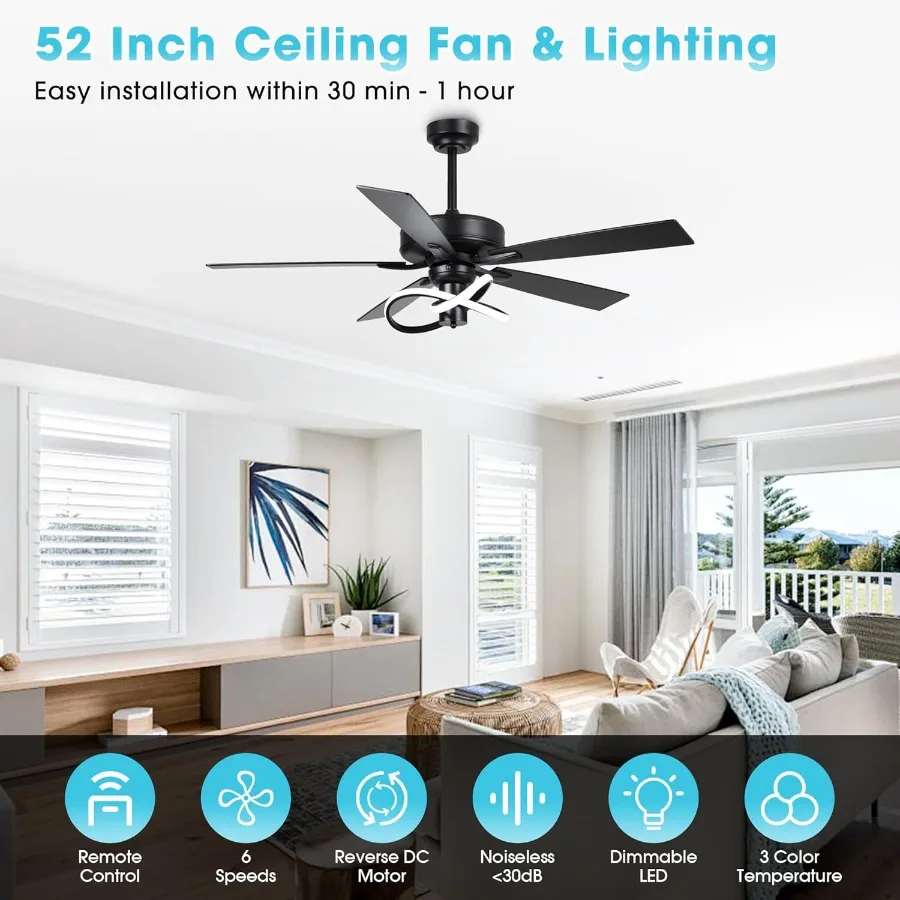 Ventilador de teto de 52 polegadas com luz integrada e controle remoto para quarto Design preto de baixo perfil adequado para pátios ao ar livre F