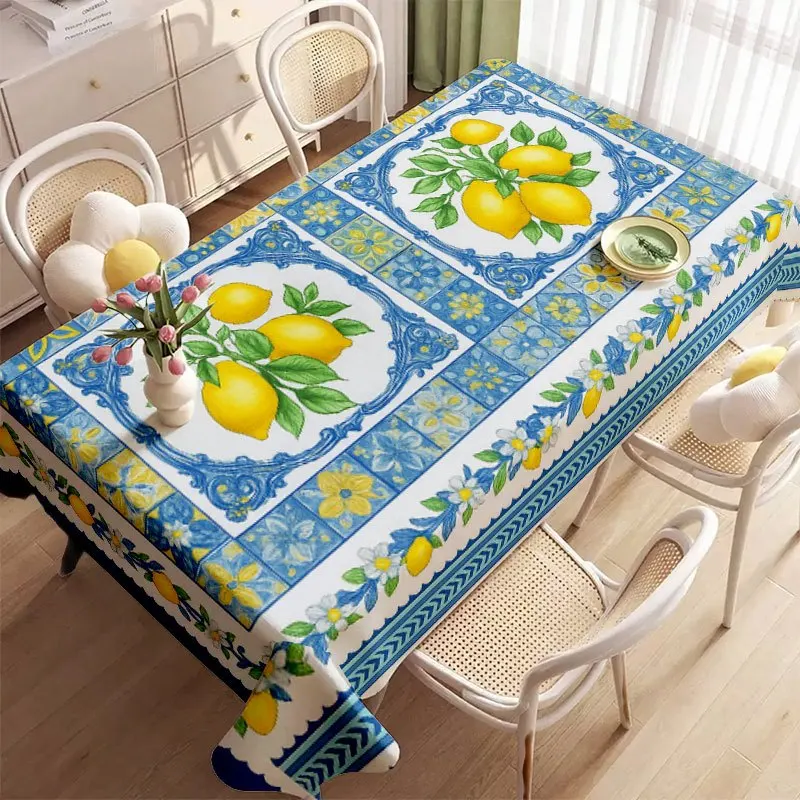 Mediterranean Lemon Tile Tablecloth, Blue White Ceramic Print Waterproof Table Cover for Dining, Party, Patio Picnic Home Decor