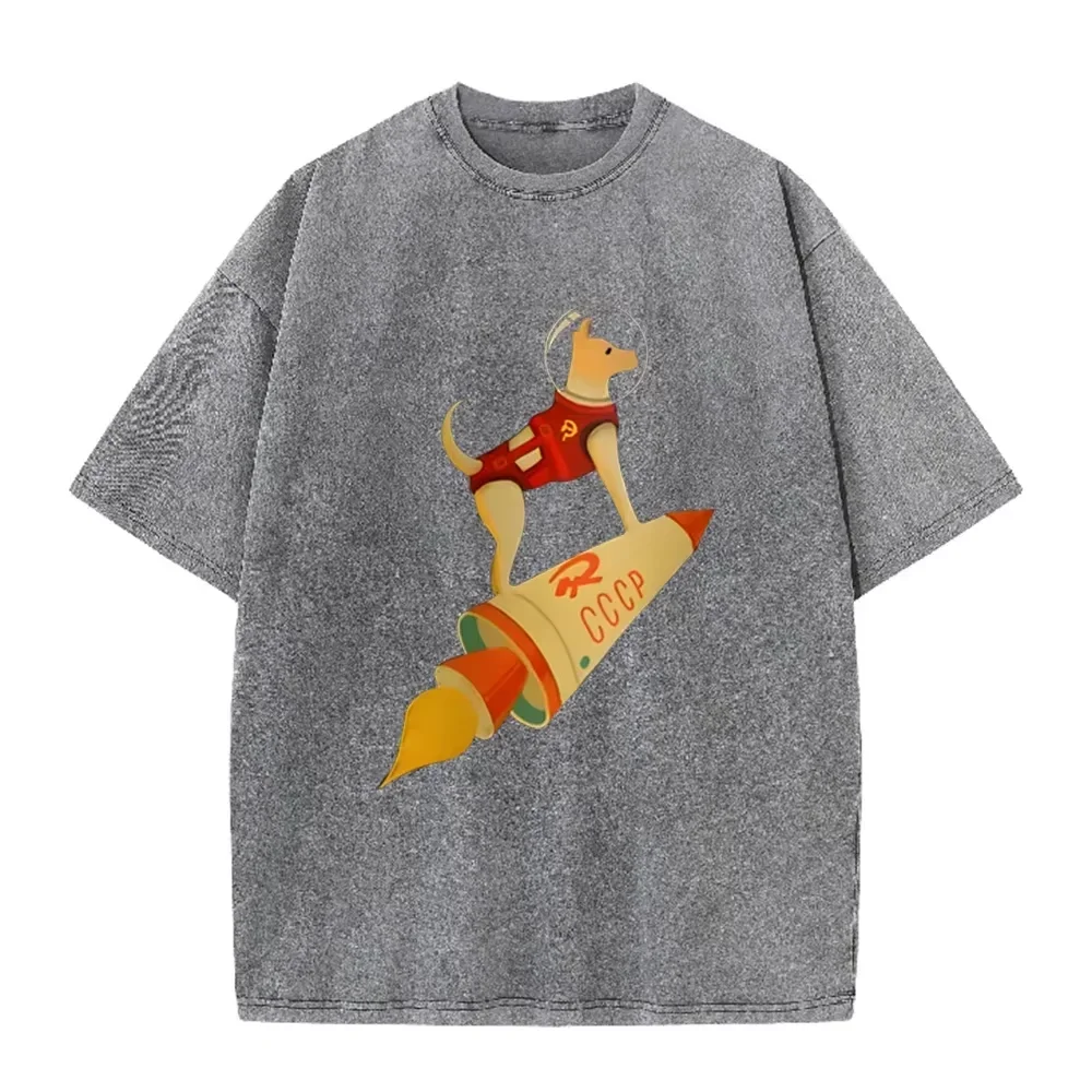 CCCP Laika Space Dog On Rocket Graphic Vintage Wash Oversized Grey T Shirt USSR Space Lover Daily Casual Top