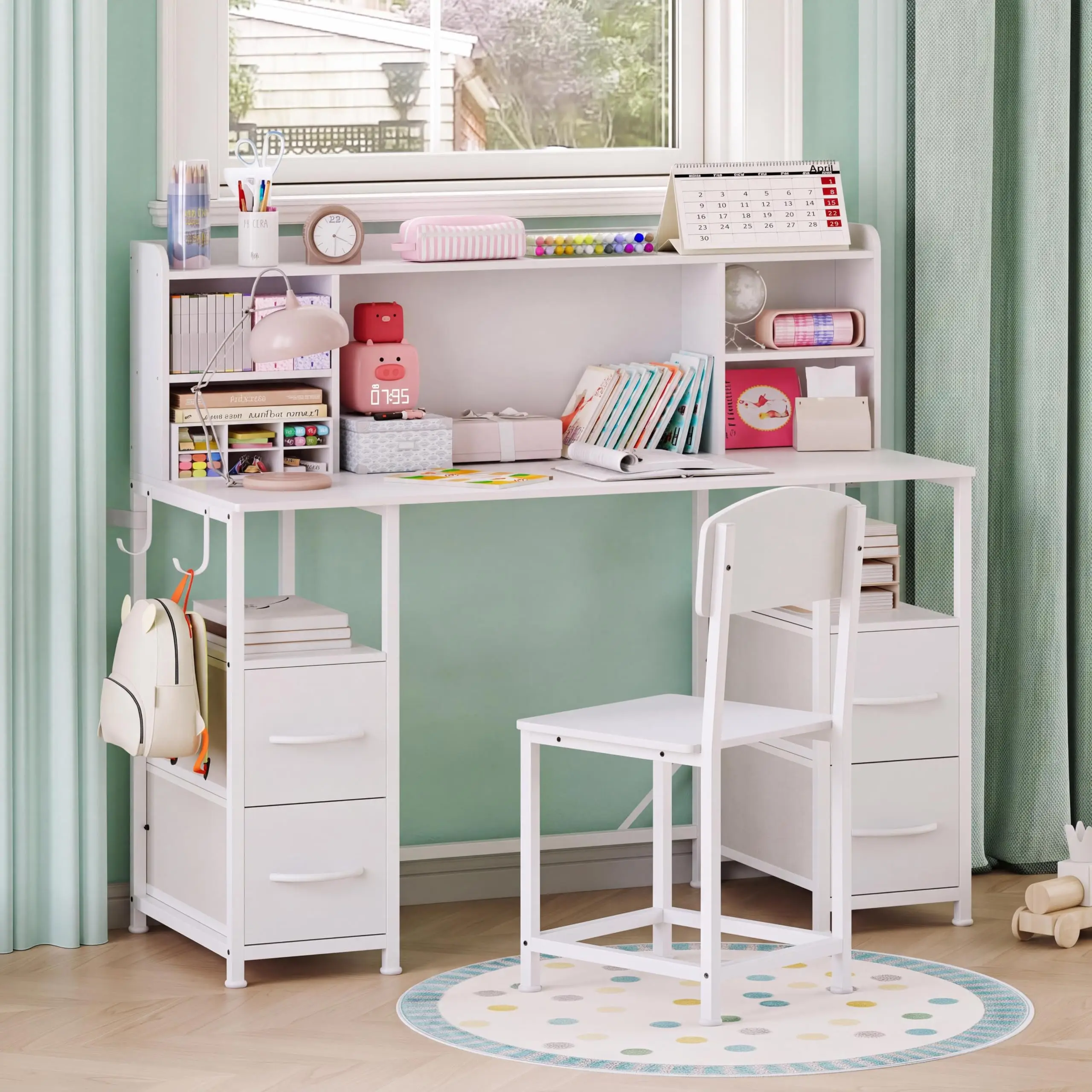 47.2 Inch Kids Desk And Chair Set With Hutch And Storage, Sturdy Metal Frame Kids Study Table For Ages 6 To 12, 4 Fabric Drawers, Detachable Hooks, Ergonomic Chair, Waterproof Top - view 6