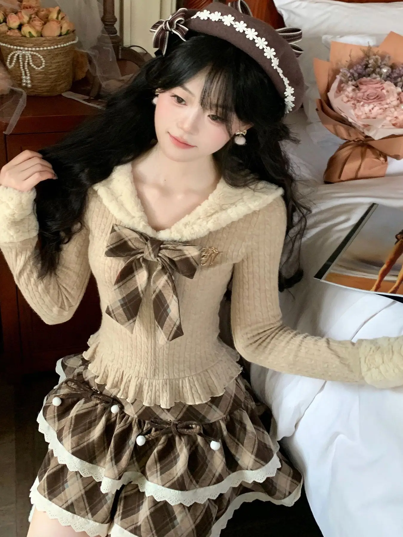 

Cute Sweet School Uniform Style JK Uniform Set Spring Autumn Winter Gentle Knot Top Short Skirt Two Piece Set