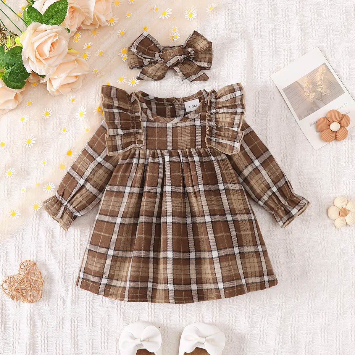 2Pcs Baby Girl Plaid Dress Set Fall Sweet Ruffle Long Sleeve Dress With Bow Headband Infant Clothes Outfit for 0-18 Months