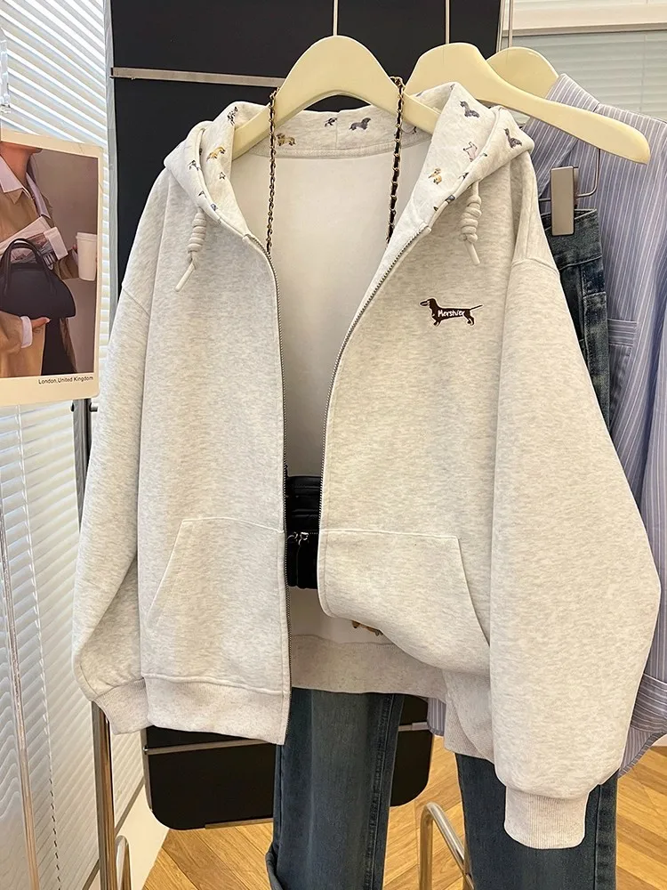 특대형 300파운드 미국 레트로 후드티 여성용 2025년 가을 신상 고급 지퍼 오픈 가디건 스웨트셔츠 아우터웨어