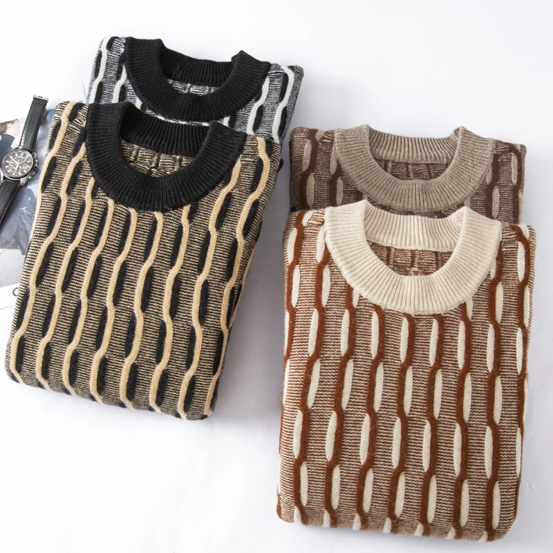 Autumn And Winter New 100% Pure Wool Men's Padded Round Neck Sweater Plaid Jacquard Men's Contrast Knitted Bottoming Shirt