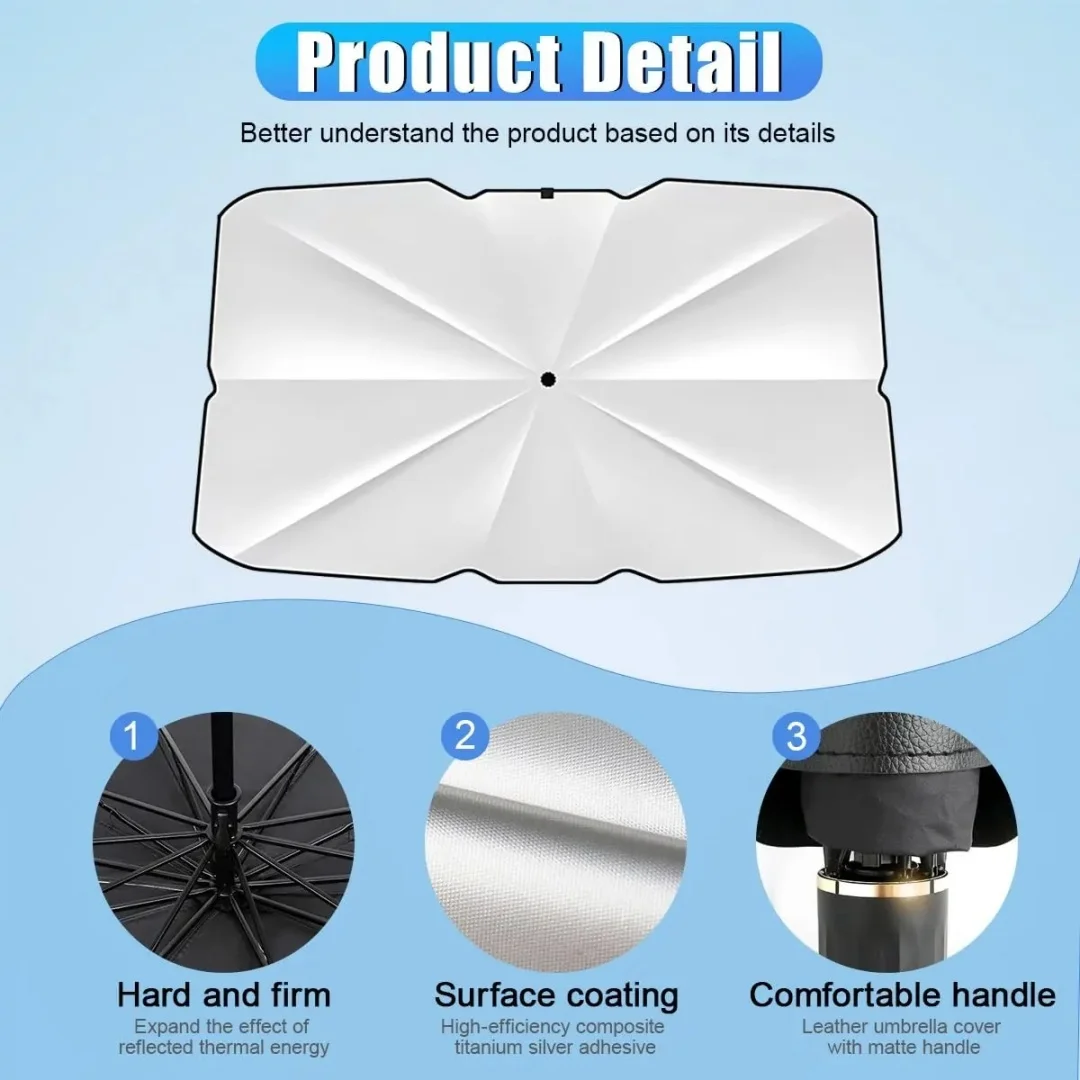 Car Windshield Sunshade Umbrella, Portable Auto Interior Front Window Heat Insulation Protector Cover, Vehicle UV Rays Blocker Camping Accessory Keep Car Cool for SUV, Sedan