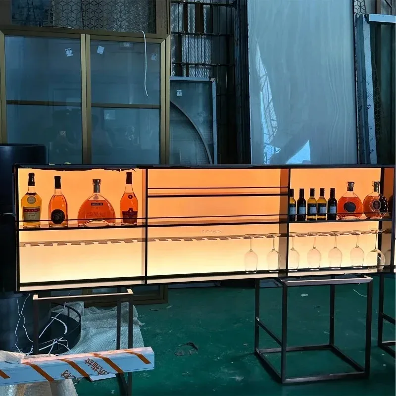 Black titanium stainless steel luminous back plate wine cabinet Western restaurant bar counter hanging cabinet Commercial upside