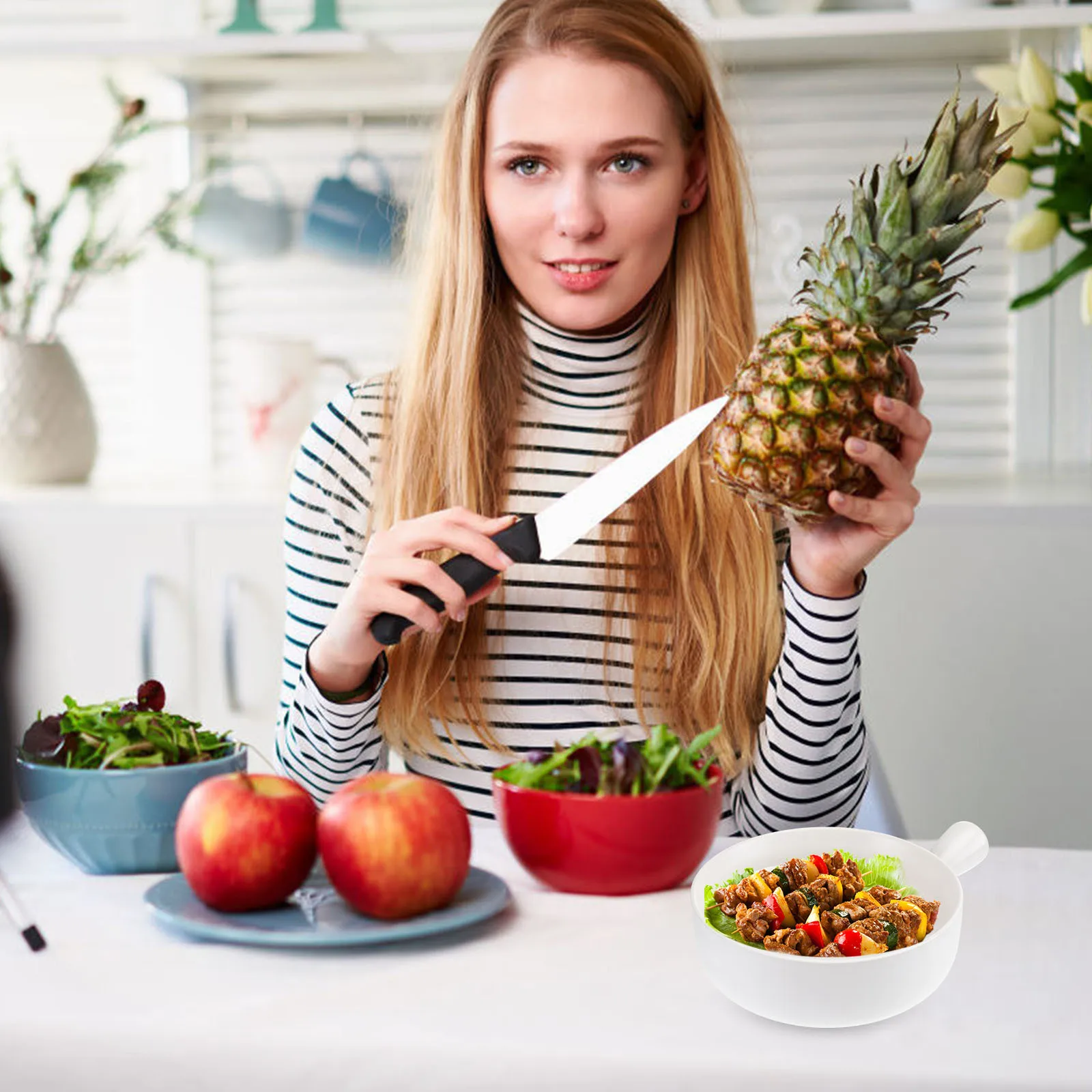 

Ceramic Salad Bowl White Heat Conductor Insulated Handle Kitchen Cooking Pot Noodle Bowl Saucepan Breakfast Utensil for Home