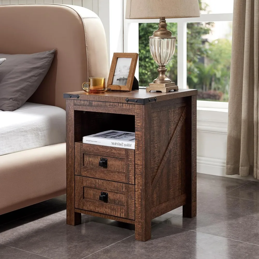 Farmhouse Nightstand with Charging Station, Rustic 18 Inch End Table with 2 Storage Drawers and Open Shelf, Wood Sofa S